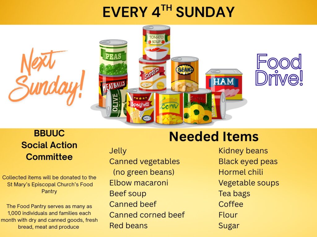 St. Mary's Food Drive every fourth Sunday at BBUUC.